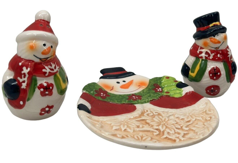 Snowman Salt and Pepper Shaker Set of 3 w/Tray Ceramic Christmas Holiday Decor